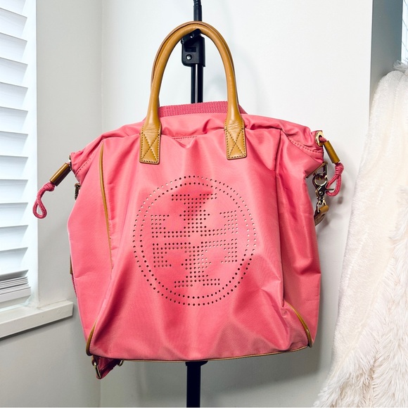 Tory Burch Handbags - Tory Burch Pink Tote Crossbody Bag Purse Leather Handle Nylon Handbag